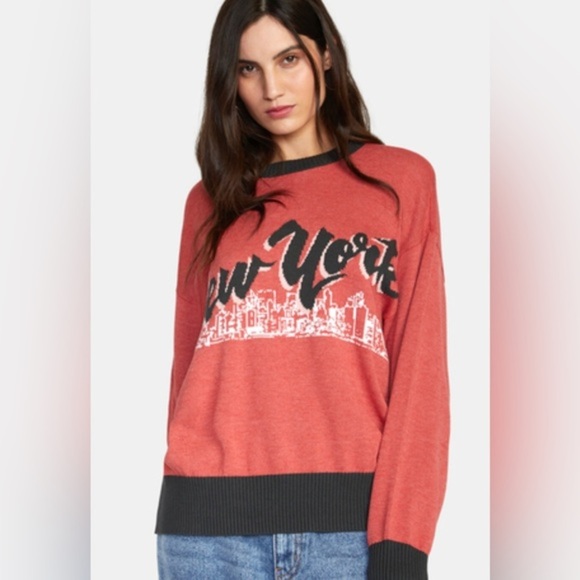 Rvca X Stella Maxwell red New York NYC Skyline Graphic Sweater size small new - Picture 6 of 16